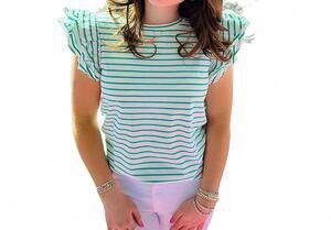 NEW APNY stripe ruffle cap tee in white/jade